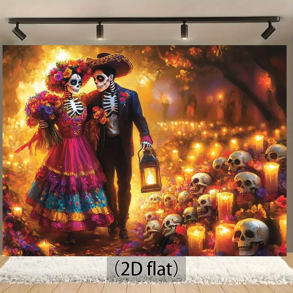 1pc 2D Flat Backdrop - Vibrant Floral Skull Couple La Catrina Candle Effect, Power-Required Easy-Hang Hanging Decor for Day of Dead, Halloween Home Events - Durable Polyester Wallpaper-Style Mexican Banner Ornament with Flowers