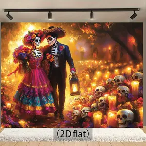 1pc 2D Flat y Dead Backdrop - Vibrant Floral Skull Couple La Catrina Candle Effect - Power Needed Easy Hang decor Day Dead Halloween Home Events - Durable Polyester Wallpaper Style Decor Mexican Banners Ornaments Hanging Flower