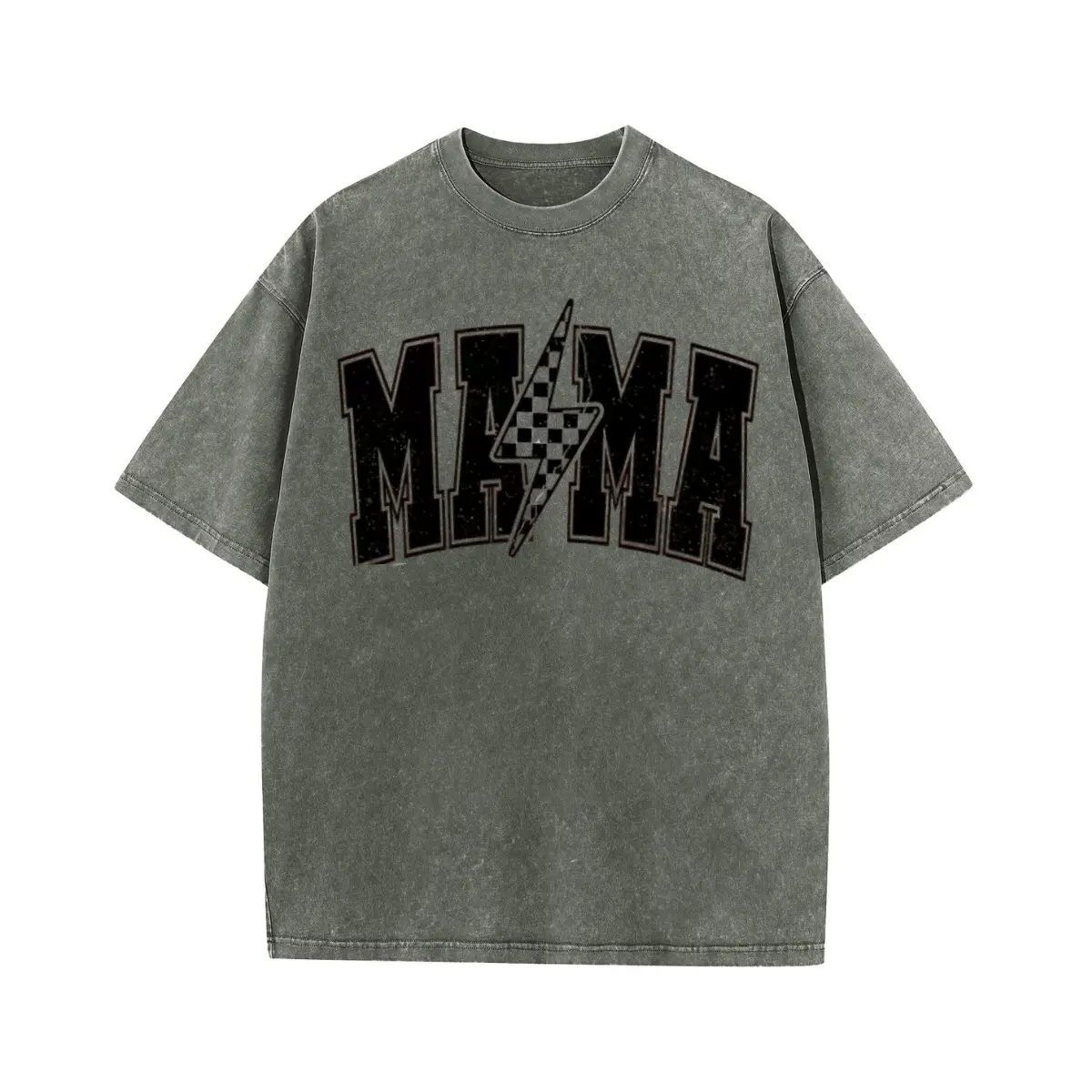 Women's Wayii Vintage Acid Wash Black Cotton Oversized MAMA Lightning Graphic Short-Sleeve Tee - Skeleton Accent, Comfortable Summer Fit, Ideal for Mother's Day Daily Wear