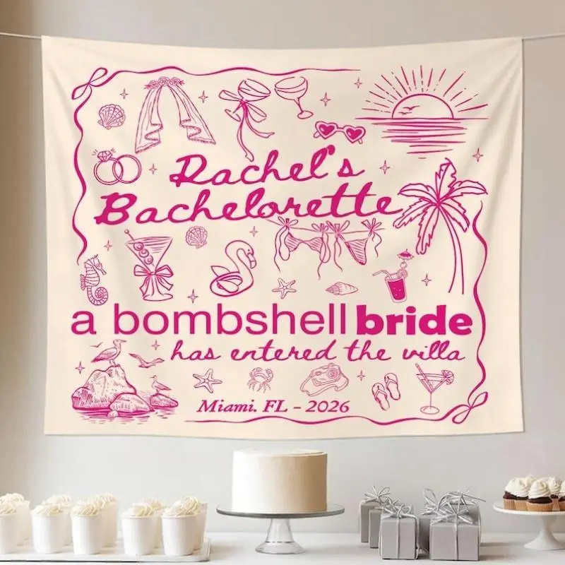 Bombshell Bride Villa Decorative Letter Tapestry Wall Mat - Custom Style Photo Cloth, Bach Island Bachelorette Banner, Tropical Hen Party Decor, Peach Accents, Decorative Letter Tapestries, Custom Style Tapestries