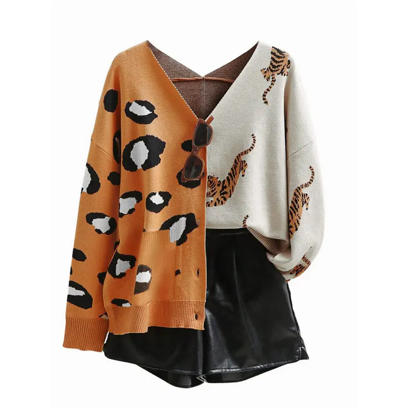 Women's Chunky Knit Long Sleeve Basic Button Cardigan, Oversized V-Neck, Color-Block Leopard and Tiger Print, Knitwear, Casual, Loose