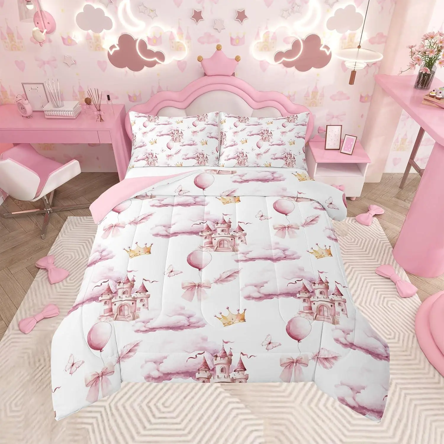 Princess Girls Comforter Set Pink Castle Bow Toddler Bedding Set for Kids Girls Fairytale Girly Comforter Soft Microfiber