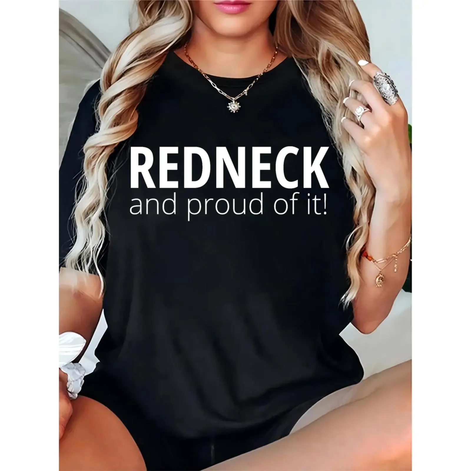 Women's Black "Redneck and Proud of It!" Graphic T-Shirt - Casual Daily Country Style Short Sleeve Top for Women