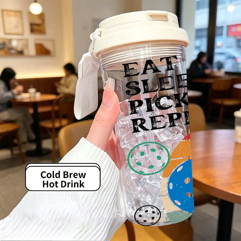17oz/500ML Heat-Resistant Plastic Coffee Cup, Dual-Sip Straw & Handle Design, Pickleball Theme, Ideal Gift for Birthdays, Holidays, Christmas, Halloween