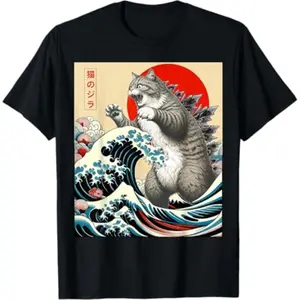 Summer t Shirts Catzilla Cat Japanese Art Funny Cat Gifts For Men Women T-Shirt
