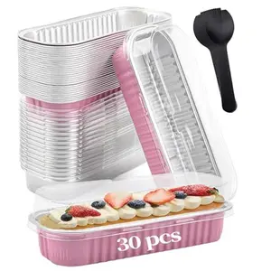 30 PCS Mini Cake Pans with Lids and Spoons,Mini Loaf Pans with Lids 6.8 oz, With individually wrapped spoons，Aluminum foil Baking containe