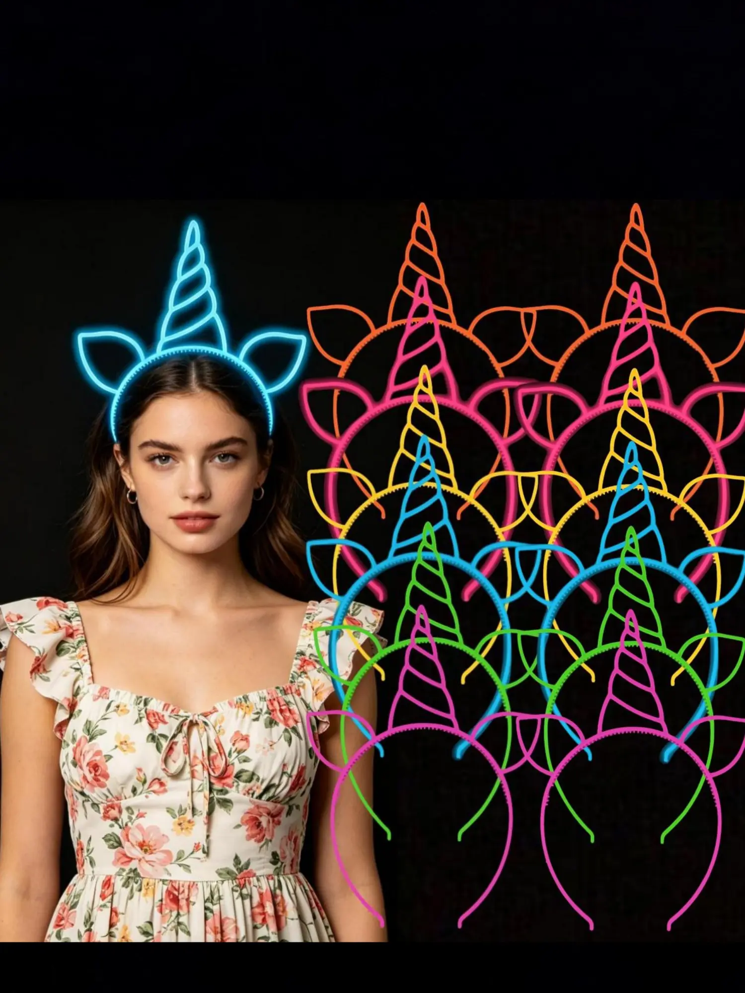 12 Pcs Glow-In-The-Dark Plastic Magical Unicorn Hairbands, Party Accessories for Women and Girls, Neon Theme Decor for Events and Performances