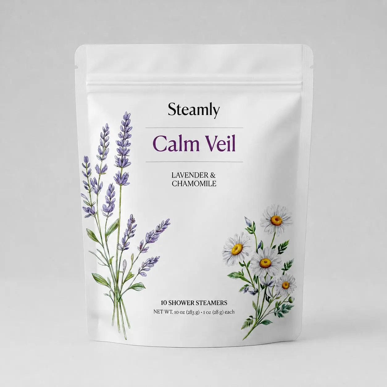 Steamly Calm Veil Shower Steamers | Lavender & Chamomile | 10 Pack | Daily Shower Ritual | Pure Essential Oils | Made in USA