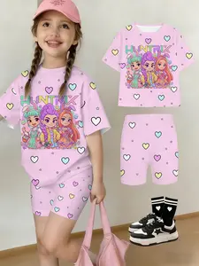 Girls Kpop Demon Hunters Korean Series Easter Theme Short Sleeve Shorts Set, Heart Pattern, Sweet Style for Party, School, Casual Wear