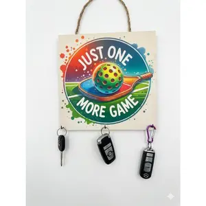 Pickleball Key Holder – "Just One More Game" Wood Sign, Entryway Decor, Paddle Art 10x10