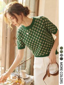 women's plaid print round neck sweater, casual short sleeve crew neck jumper for fall & winter, fashion ladies' knitwear for daily wear
