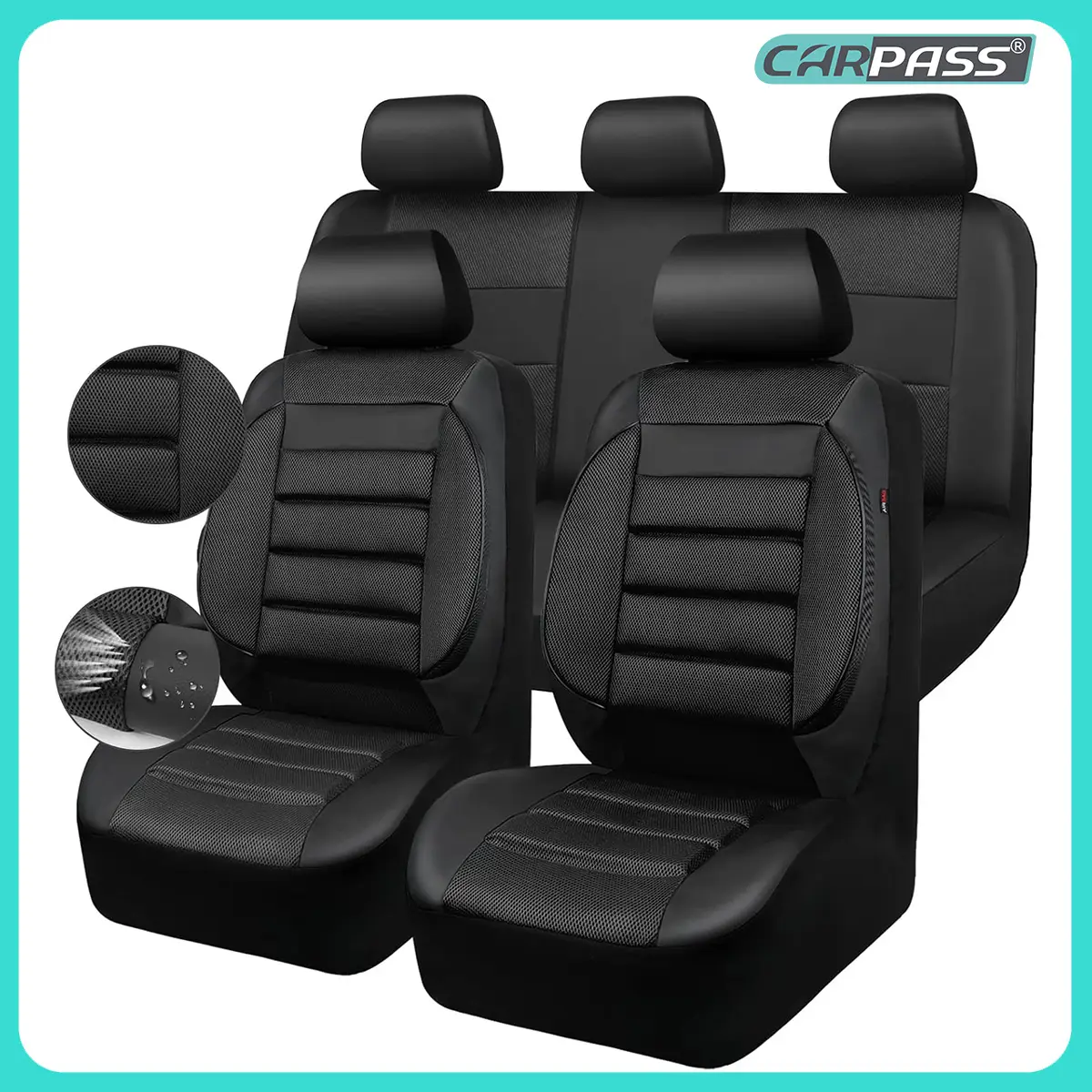 CAR PASS Leather Car Seat Covers Full Set Universal waterproof, 3D Foam Support Universal Fit for Trucks Vans SUVs Sedans Automotive ，Airbag Compatib