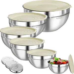 Mixing Bowls with Lids Set, Stainless Steel, 6 PCS, Available in Sizes 4.5, 3.5, 2.1, 1.5, 1.1, 0.7 QT, Kitchen Food Storage Organizers