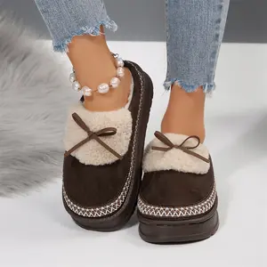 Trendy Women's Anti - Slip Fleece Slippers Winter Warm Chunky Sole Indoor Outdoor Shoes and Delicate Bowknot Decor Mini Snow Boots