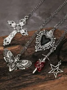 Boho Hip Hop Pendant Necklace Set, Valentine's Day 5-Piece Y2K Gothic Punk Rock Heart Butterfly Star Skull Sword Cross Wings Costume Jewelry, Exquisite Chain Jewelry, Costume Necklaces