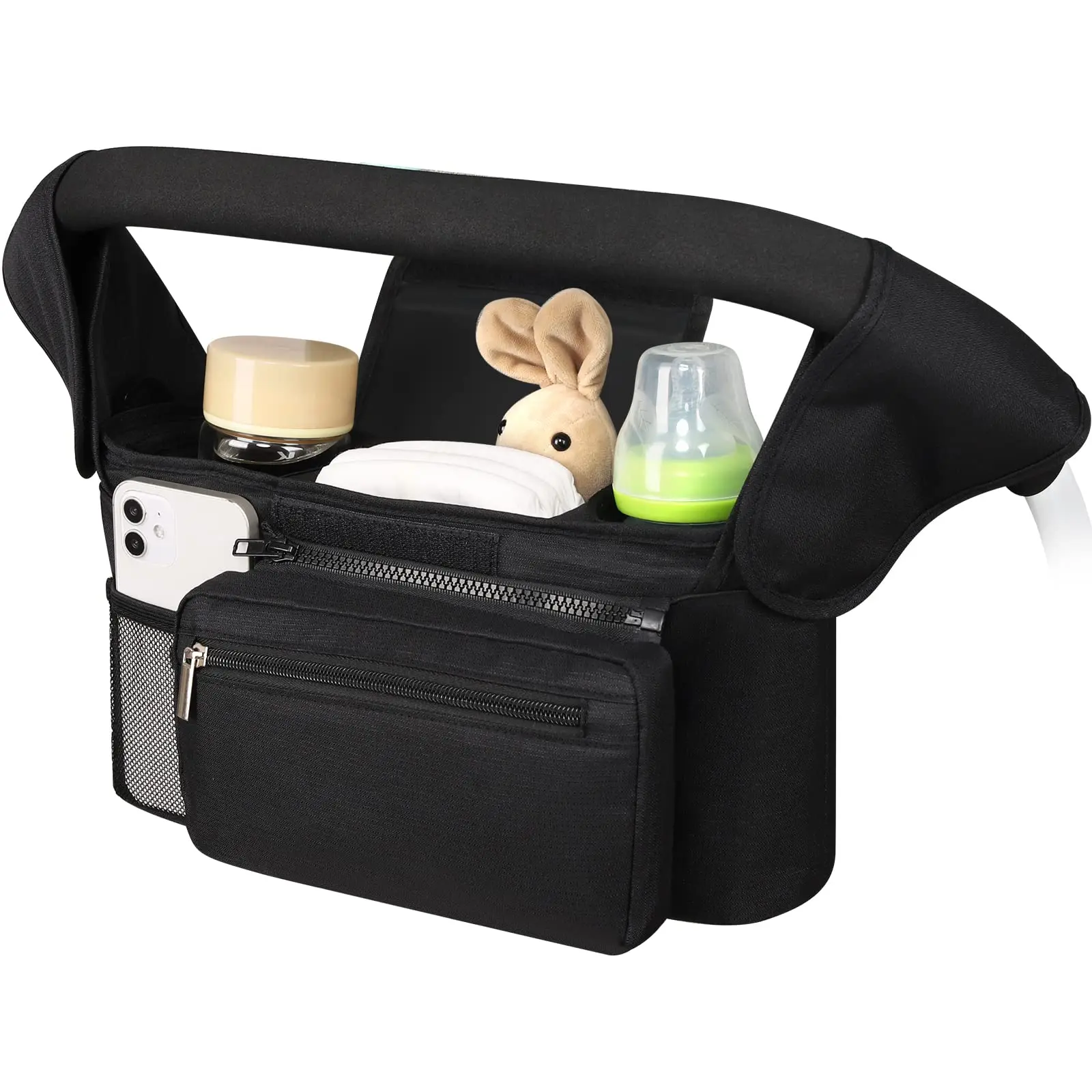Universal Stroller Organizer with Insulated Cup Holder Detachable Phone Bag and Shoulder Strap,Stroller Bag Caddy Organizer for Uppababy, Baby Jogger, Britax Strollers