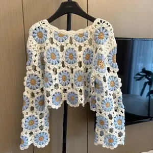 Women's Elegant Handmade Wool Knit Crop Top - 3D Floral Crochet
