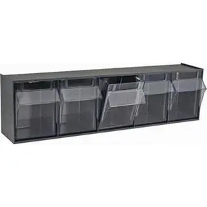 Quantum Storage Systems 5 Compartment Gray Small Parts Tip Out Stacking Bin Organizer 23-5/8" Wide x 6-1/2" High x 5-1/4" Deep, Polystyrene Frame, 4-1/4" Bin Width x 5-3/4" Bin Height x 3-3/4" Bin Depth QTB 305 GRAY