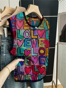 1 piece + Spring/Summer Back-to-School Casual Style Loose Round-neck Sleeveless Knitted Dark Blue Embroidered Contrast Color English-Printed Heart Pattern Valentine's Day Women's Knit Top for Outfits, Women's Outwear, Can be worn alone, Knitwear