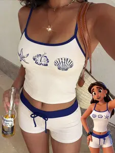 COCOMAY Women's Beach Vacation Shell Print Camisole Tankini Swimsuit Set Summer