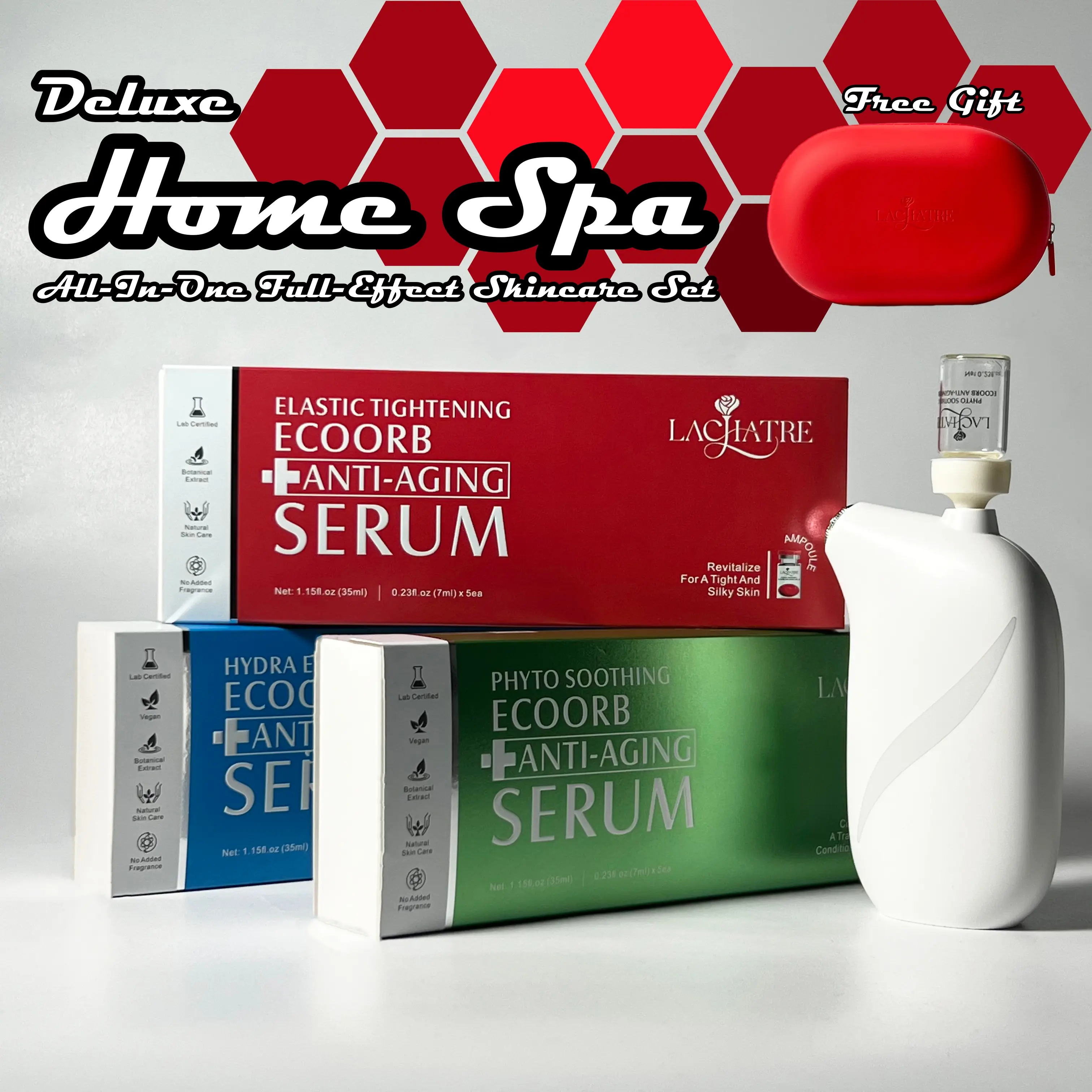 LACHATRE: Home Spa Deluxe Set Combine with EcoOrb Anti-Aging Serum & Nano-Mist & Lac Nano Case with Niacinamide & Retinol & Centella Asiatica for Elasticity Enhancing Moisturizing Repairing Day and Night-time Skincare Beauty Bundle Kit SummerVibes