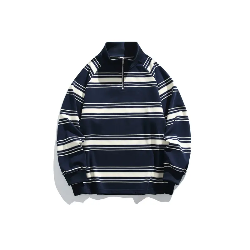 New Men’s Striped Sweatshirt, Half-Button Placket Stand Collar, Long Sleeve, Casual Loose Fit, Versatile Top — WY709 Sweater