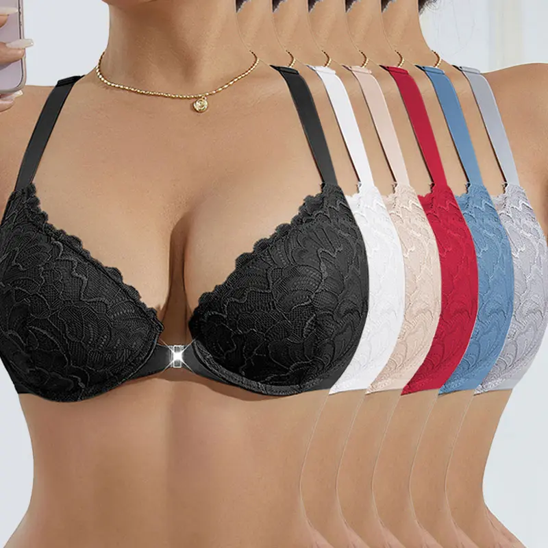 6pcs Women's Front Closure Push-Up Bras with Underwire High Support & Non-Removable Padding - Breathable Nylon Lace Trim Full-Coverage Lift Suitable