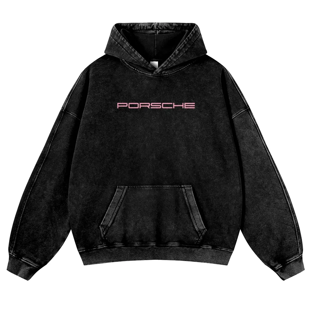 Berry Pink Supercar Front Print 380g Autumn VIntage Washed Hoodie Graphic Sweatshirt