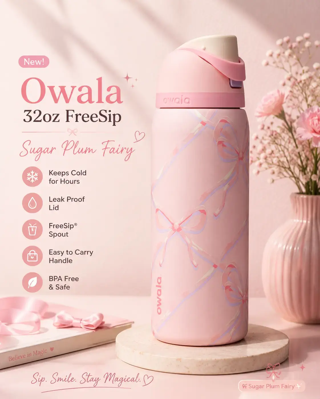 Owala Sugar Plum Fairy 32 Oz FreeSip Water Bottle Pink Bow