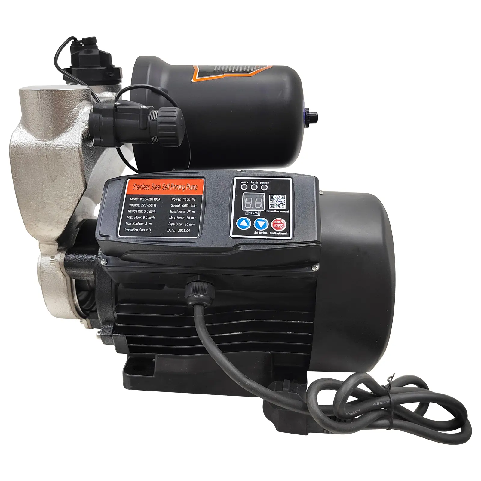 YOKOMA 1100W Automatic Self-Priming Water Pressure Booster Pump, Stainless Steel, 220V, 50M Head, 6 cu m/H Cold Hot Water Utility Pump