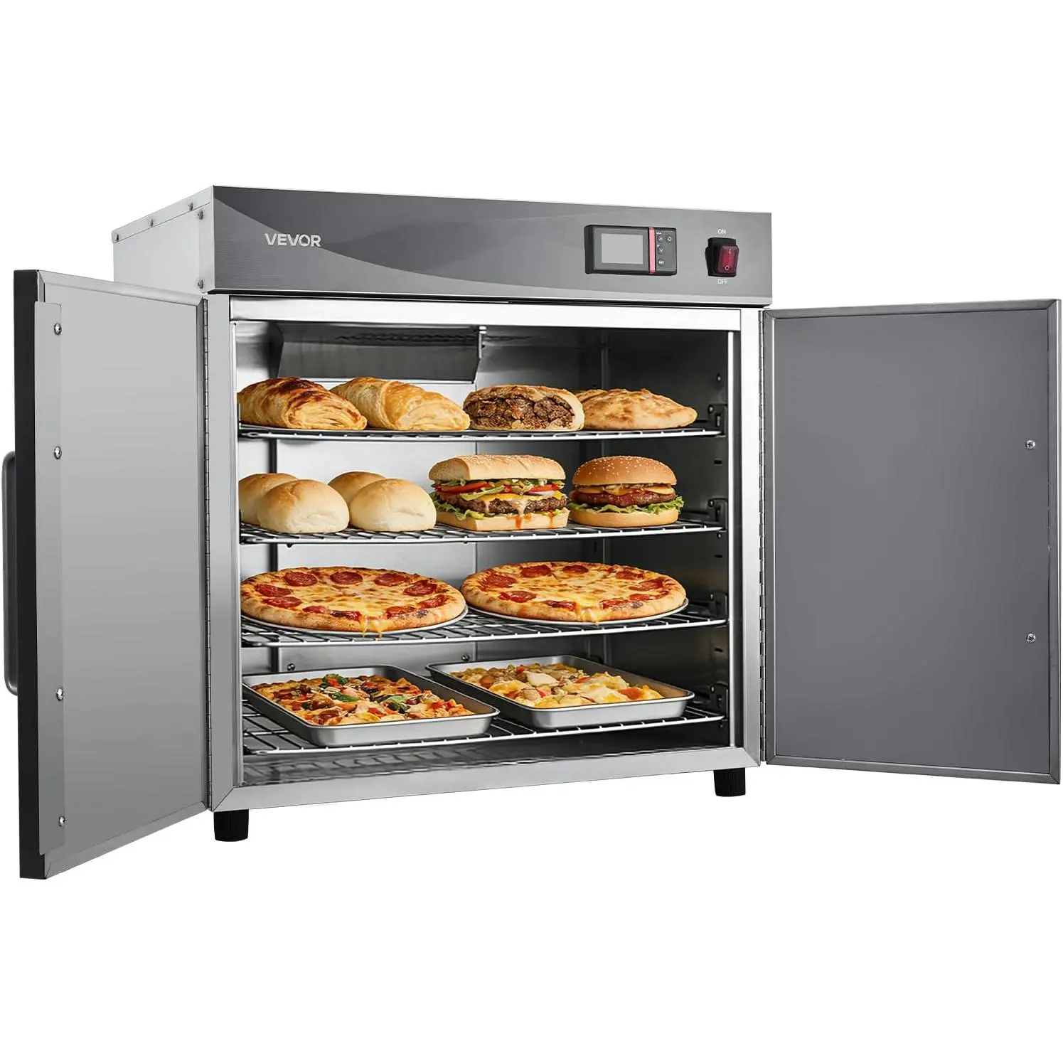 VEVOR Electric Hot Box Food Warmer, 4-Tier Commercial Warming Cabinet with Water Tray, Double-Door and Adjustable Shelves, Stainless Steel Food Warmer Cabinet, for Restaurant, Kitchen, Pizza, Chicken