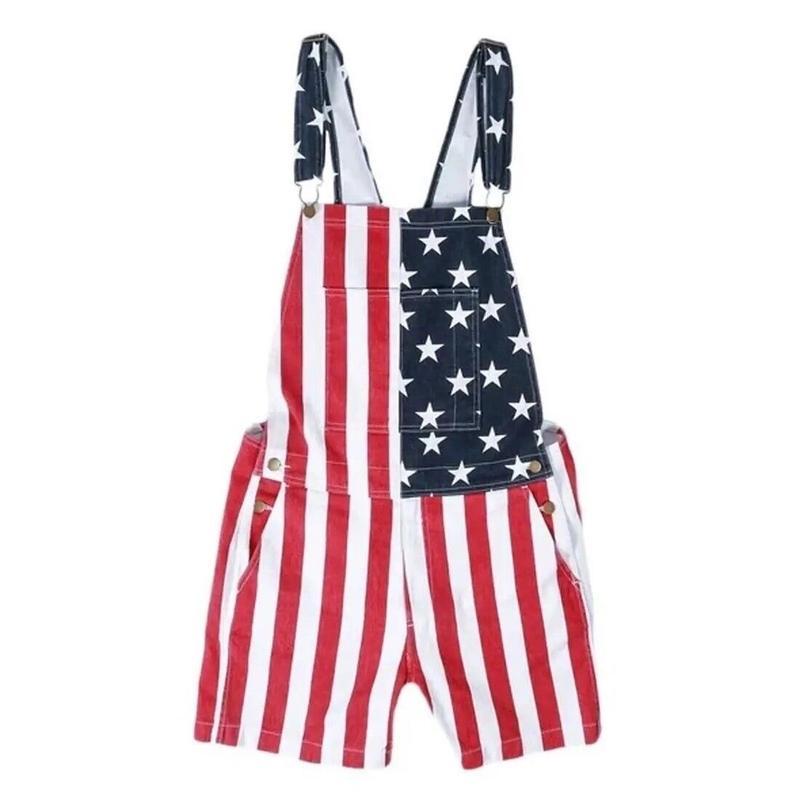 Men's and Women's American Flag Denim Overalls Stretch Shorts, Patriotic, Merica Menswear Suits Sleeveless