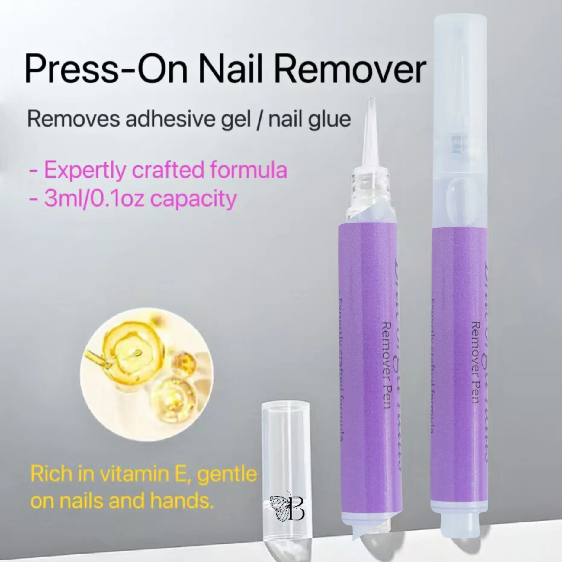 Nail Glue Remover Pen for Press-On Nails & Polish - Gentle, Non-Irritating Formula with Vitamin E for Nourishing Removal, Travel-Friendly Manicure Tool, 3ml, Nail Polish
