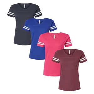 LAT Women's Football Fine Jersey T-Shirts, Multi Pack V-Neck Polycotton Bulk Undershirts - 8 Different Colors Tees with Stripes
