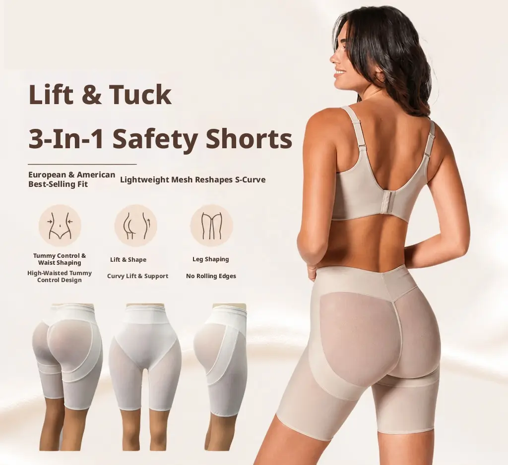 3-in-1 Lift & Tuck High Waist Shapewear Safety Shorts, Lightweight Mesh Tummy Control Butt Lifter Shaper Shorts, Anti-Roll Edge Leg Shaping Body Shaper Under Dresses, Daily Curvy Support S-Curve Sculpting Underwear for Women