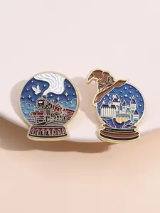 2pcs Magic Crystal Ball Badges, Hogwarts Castle Train Starry Snowflake Theme, Fun Gift & Magical Sentiment Sharing Scene, Accessories