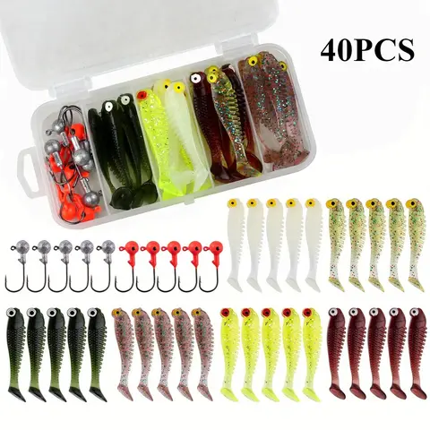 KLYVIONIS 40pcs/Box Fishing Jigs Tackle Kit - Saltwater Supplies with 3.5g/0.12oz Hook Weight, 5cm/1.97in Soft Artificial Lures, Lightweight Jig Head Hooks, Compact Tackle Box, Fisherman Gift