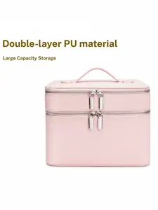 2026 New Double Layer Cosmetic Makeup Storage Bag Large Capacity PU Leather Women Travel Toiletry Organizer Portable Storage Pouch with Compartments