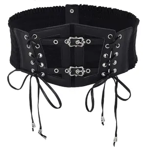 Lace-up Leather Corset Belt Elastic Tied Black Waspie Belt Stretchy Halloween Costume Cincher Waist Belts for Women
