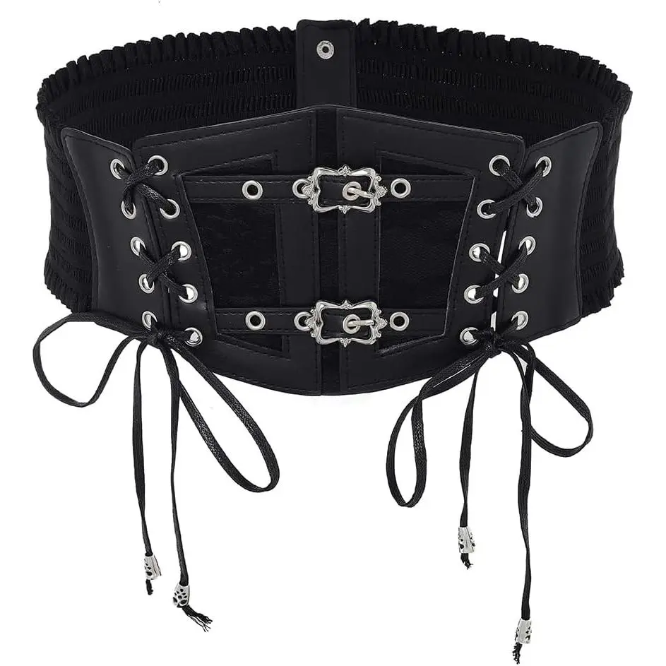 Lace-up Leather Corset Belt Elastic Tied Black Waspie Belt Stretchy Halloween Costume Cincher Waist Belts for Women