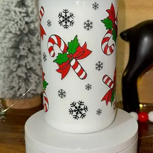 Candy Cane Christmas Cup Holiday Snow Globe Tumbler with Acrylic Lid & Reusable Straw Festive Red Cane Design