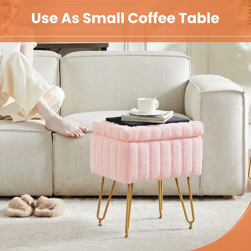 Vanity Stool Chair with Storage, Ottoman Faux Fur Soft Padded Makeup Footstools Seat with 4 Metal Legs Anti-Slip Adjustable Feet Vanity Stool Chair with Storage, Ottoman Faux Fur Soft Padded Makeup Footstools Seat with 4 Metal Legs Anti-Slip Adjustable Feet