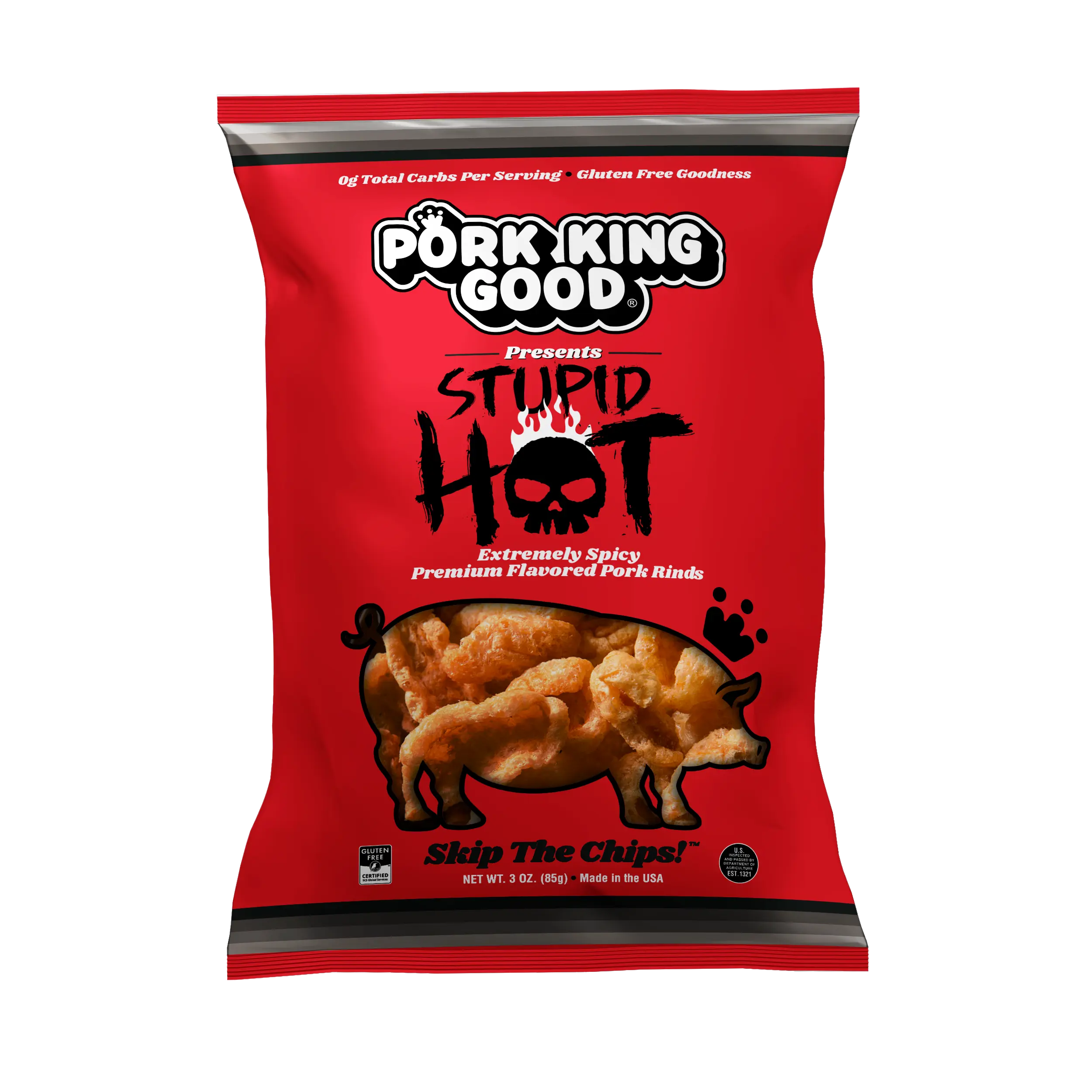 Pork King Good Stupid Hot Pork Rinds - 3 oz (Choose 4 Pack or 10 Pack) - EXTREMELY Spicy Chicharrones
