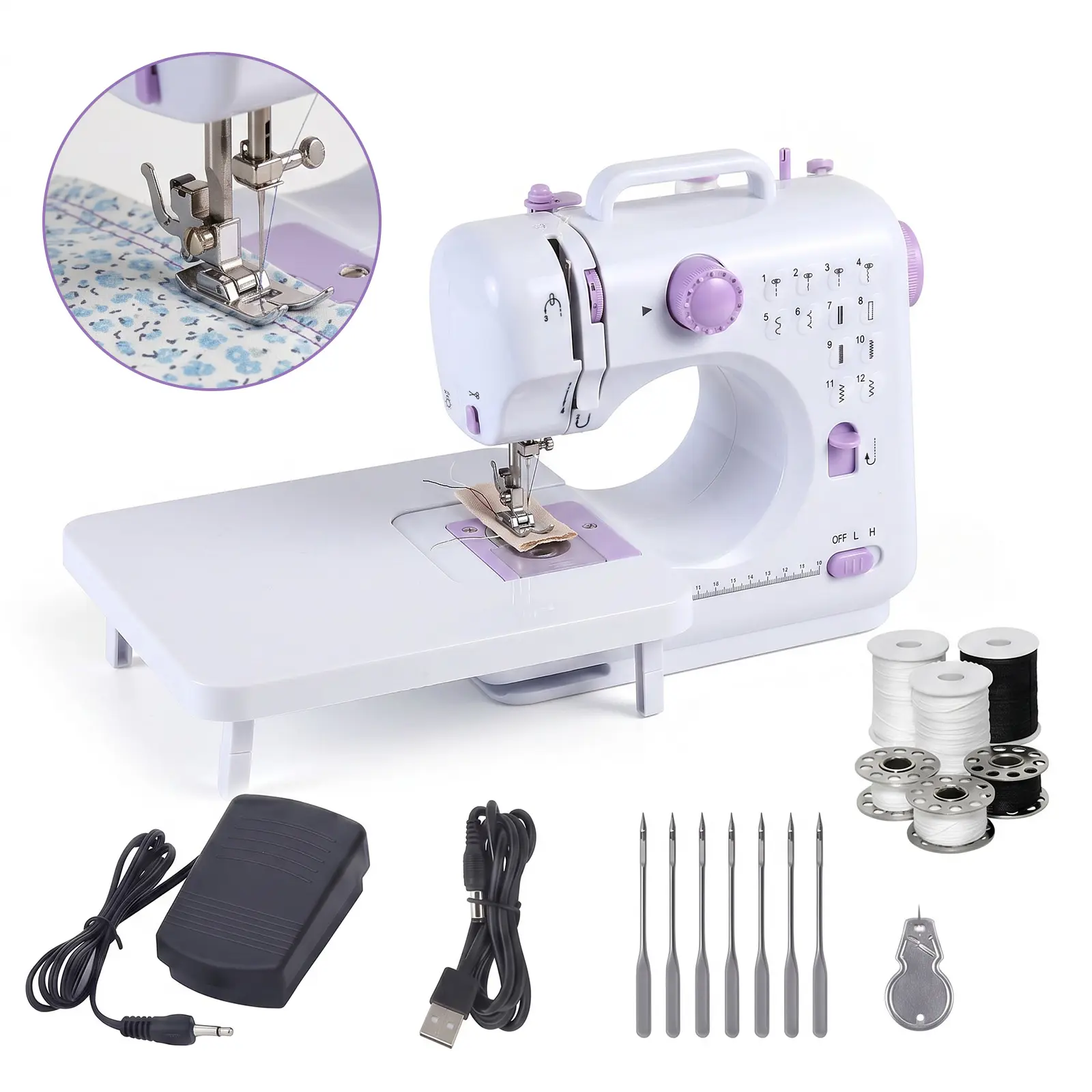 Portable Multifunctional Residential Sewingmachine - 5 Needles, 12 Built-in Stitch Patterns, Beginner-Friendly, USB-Powered, Reverse Sewing, LED Light Design, Lightweight (Ideal for Repairs, Crafts)