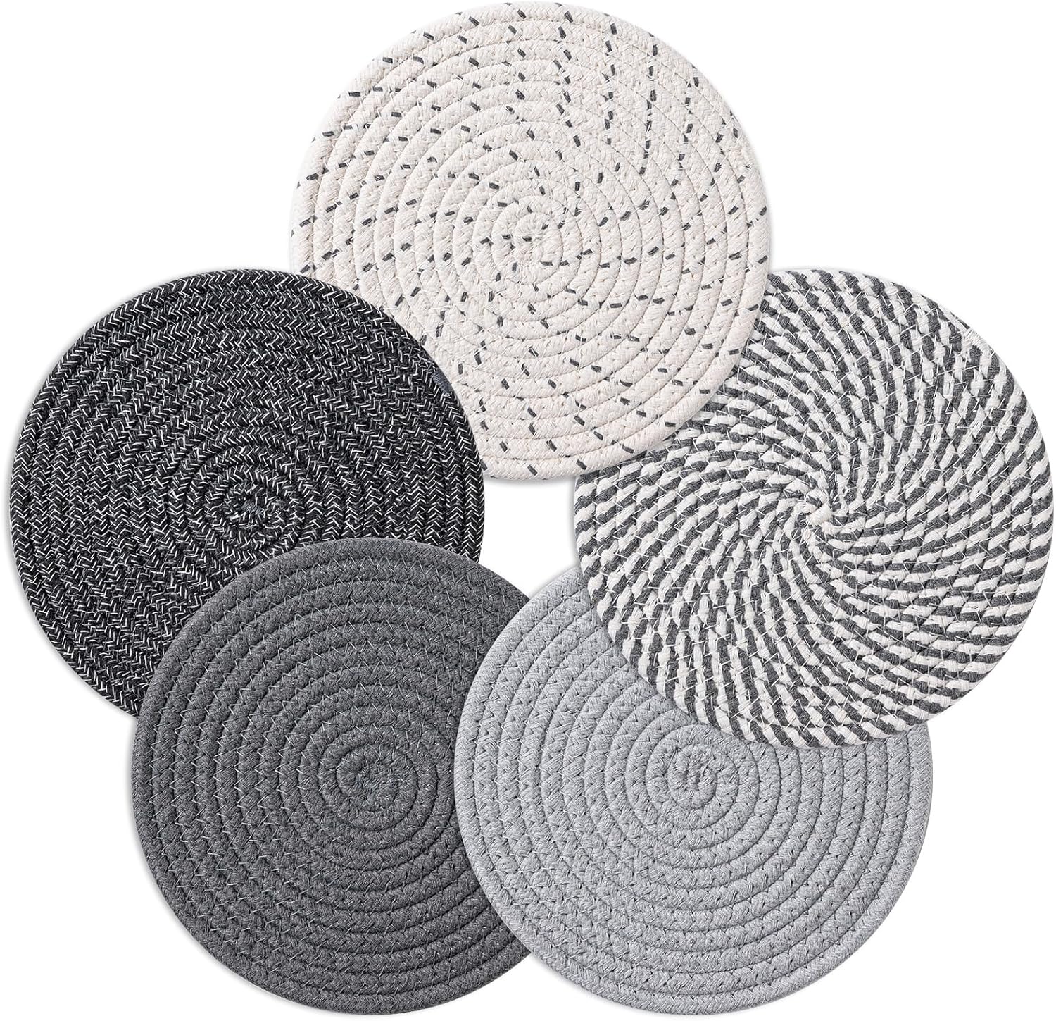 7 Inch Trivets for Hot Dishes, Pots and Pans, 5 Heat Resistant Pot Holders for Kitchen, Home Essentials, Hot Pads for Countertop and Table, Farmhouse Decor Vase Mats, Gray Coasters Silicone Stylish Tableware