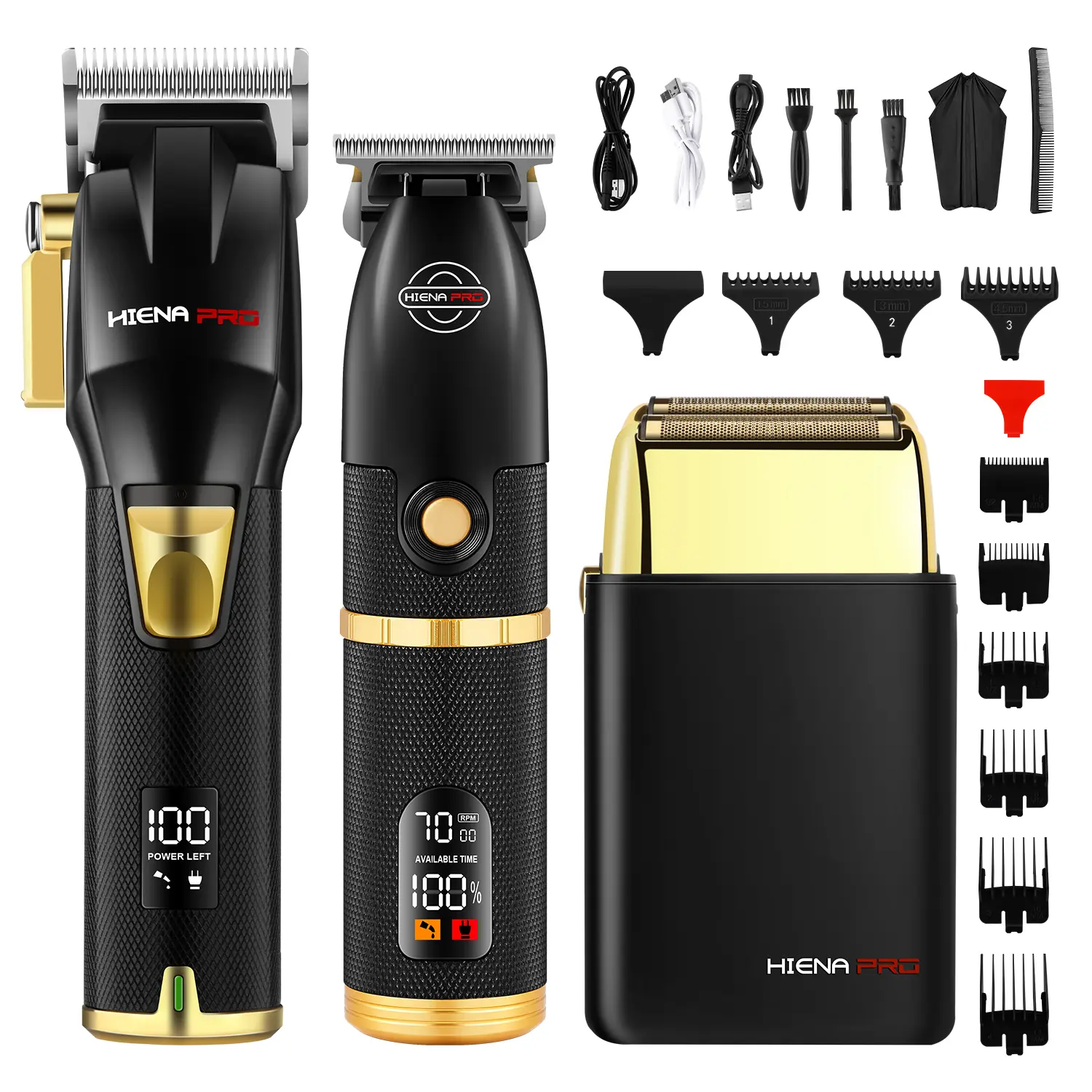 HIENA PRO Men's 3-Piece Salon Professional Black and Gold Cordless Hair Clipper & Trimmer Set - USB Rechargeable Barber Equipment with LCD Display, Adjustable Blade Clipper, and Trimmer, Body Hair Trimmer, Hair Tools