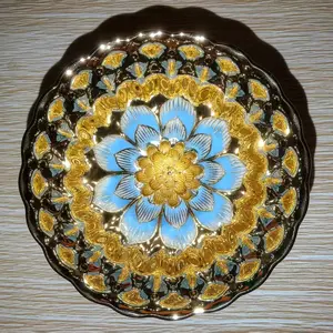 Golden Handmade Jianzhan Teacups with Blue Lotus Pattern and 3D Golden Lotus Motif