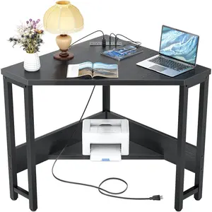 Corner Desk Small Desk with Outlets Corner Table for Small Space, Computer Desk with USB Ports Triangle Desk with Storage for Home Office, Workstation, Living Room, Bedroom, Black