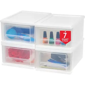 7 Qt. Plastic Drawer Storage Organizer Stacking Drawers, 4-Pack, Stackable Unit with Sliding Drawer for Clothes Bedroom Kitchen Under Sink Pantry Craft Room Bathroom Dorm Office, White