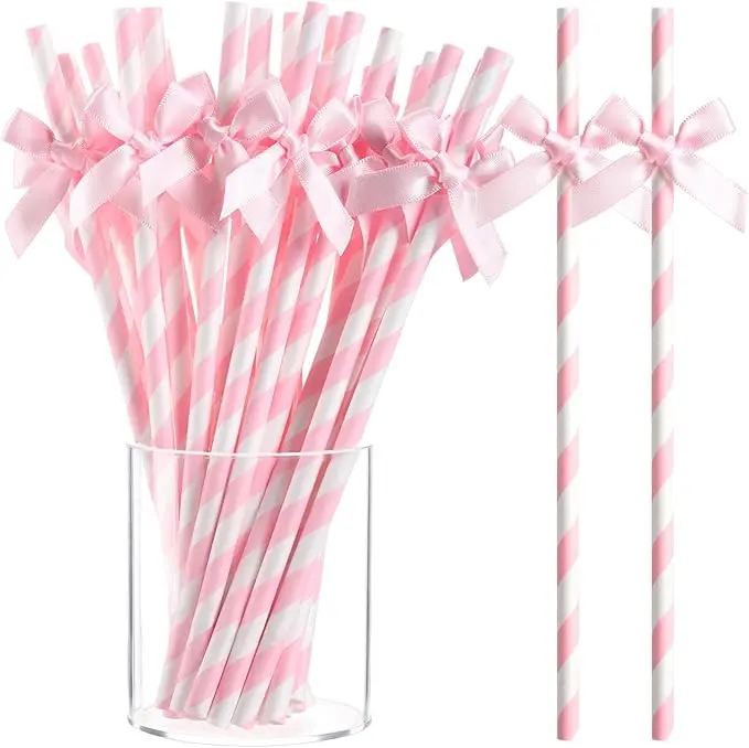 100pcs 7.76" Long Stripe Pink Ribbon Paper Straws Bulk - No Barbs Disposable Bar Utensils for Birthday, Beach Parties, Picnics